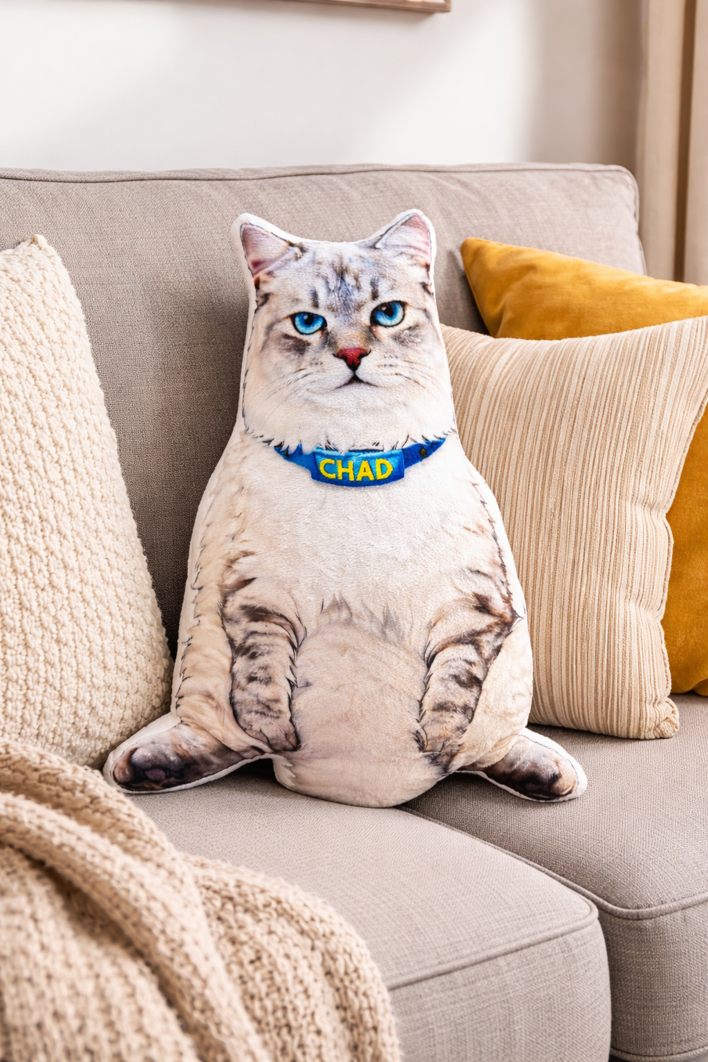 Custom CHAD Cat-Shaped Pillow — Custom Made (Name on Collar)