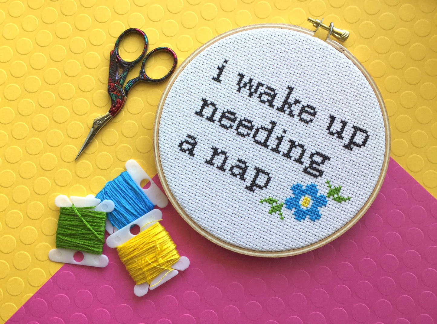 "Wake Up Needing a Nap" Counted Cross Stitch DIY KIT Intermediate -FREE SHIPPING-