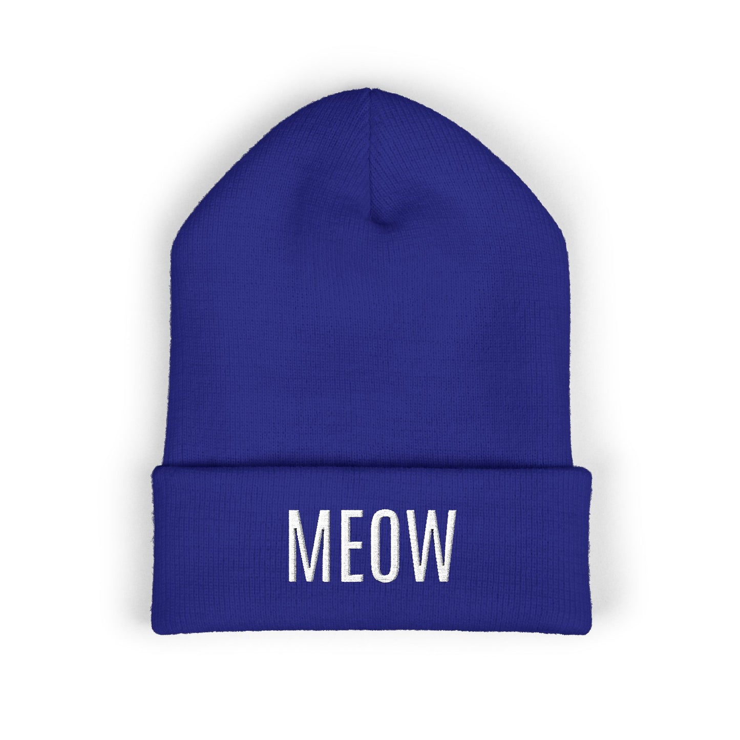 MEOW Embroidered Cuffed Beanie — Cozy Cat Lover Knit Hat