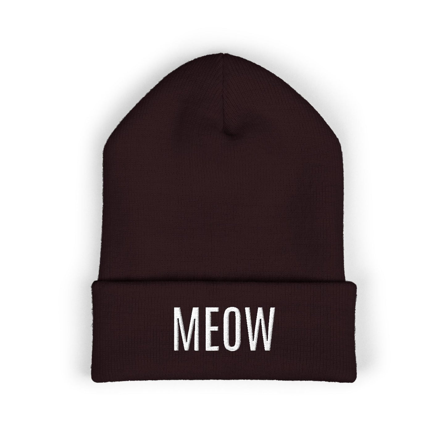 MEOW Embroidered Cuffed Beanie — Cozy Cat Lover Knit Hat