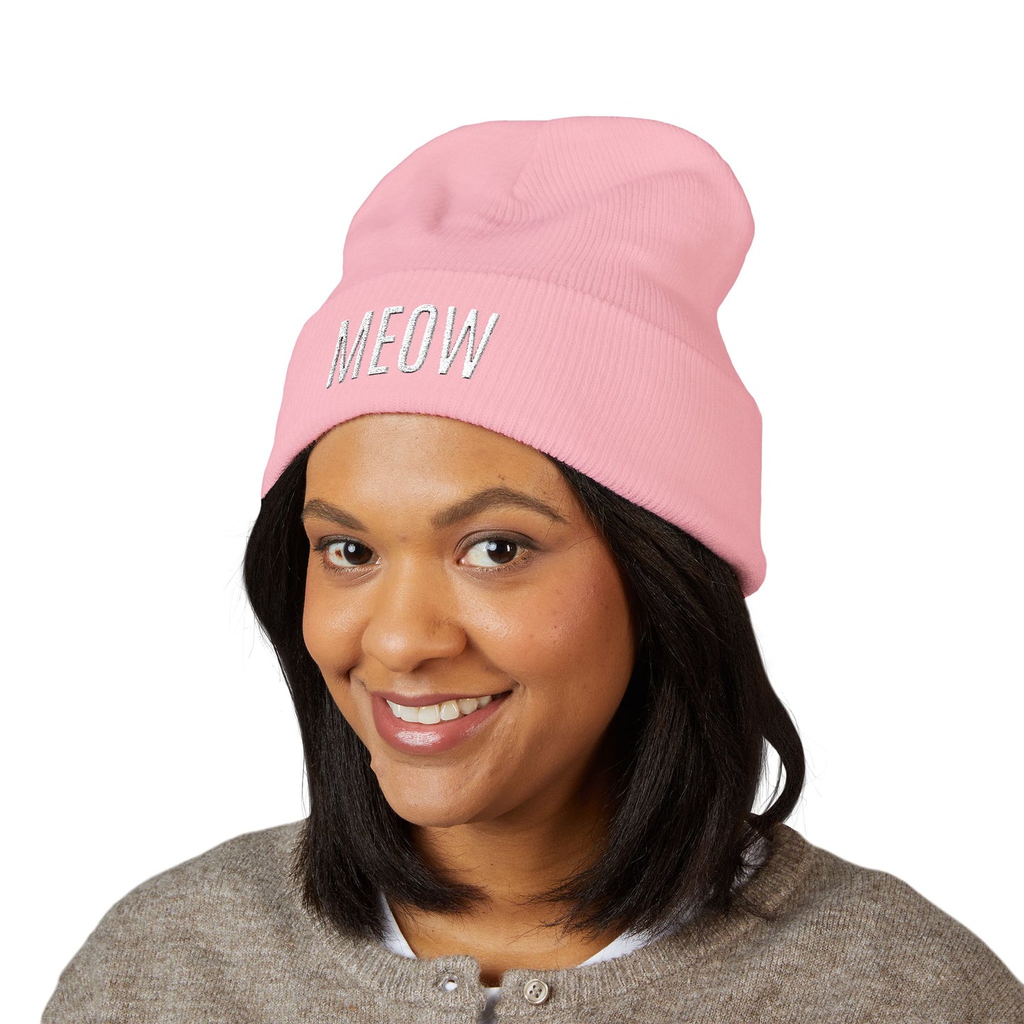 MEOW Embroidered Cuffed Beanie — Cozy Cat Lover Knit Hat