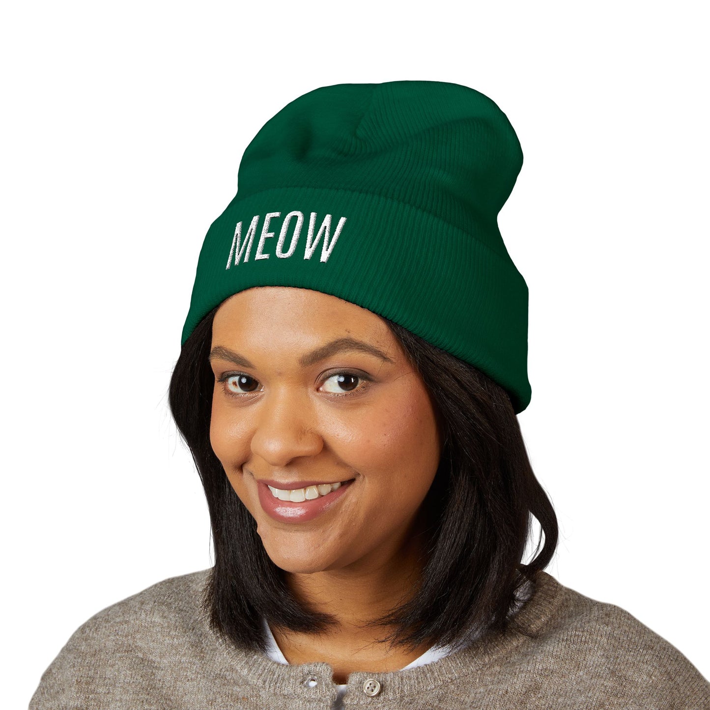 MEOW Embroidered Cuffed Beanie — Cozy Cat Lover Knit Hat