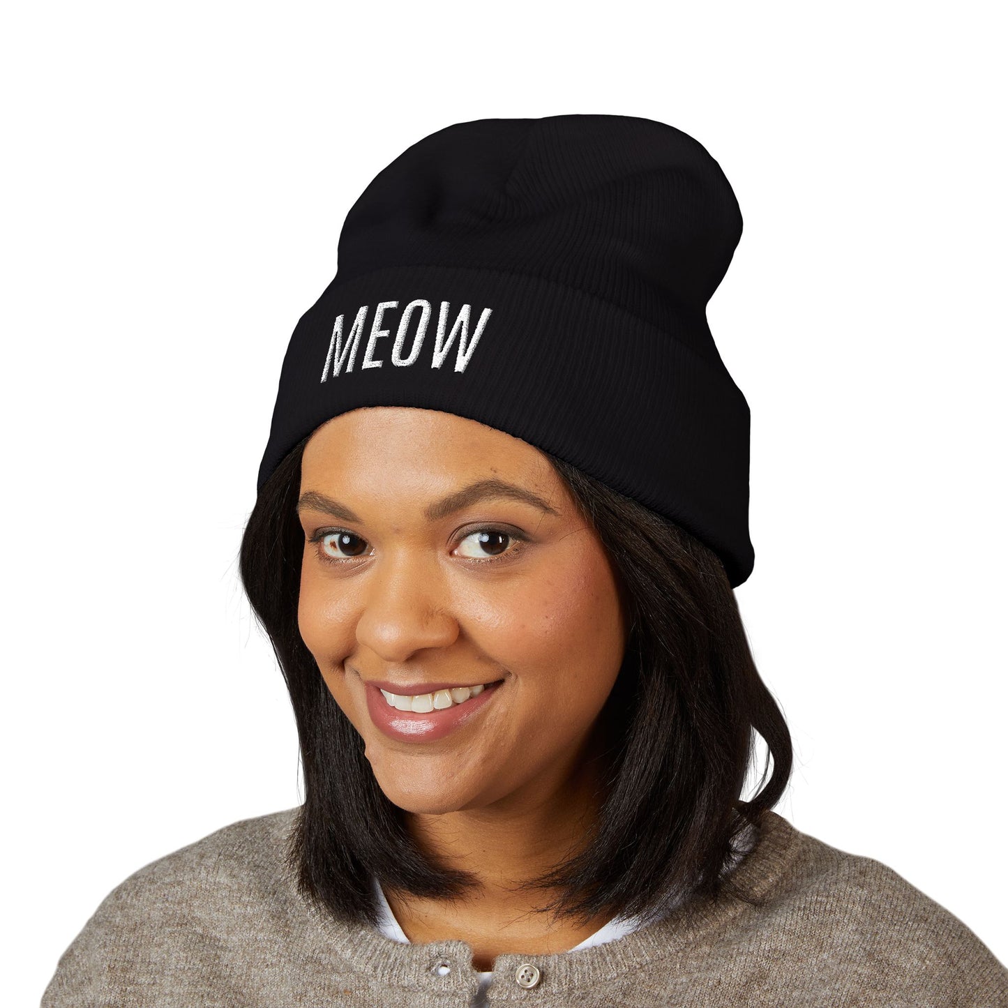 MEOW Embroidered Cuffed Beanie — Cozy Cat Lover Knit Hat