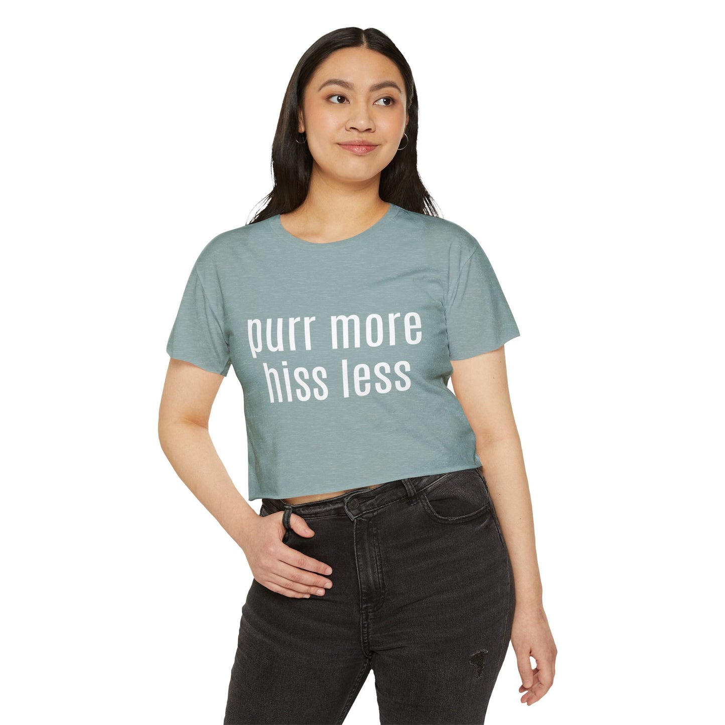 "Purr More Hiss Less" Crop Tee — Women's Cute Cat Festival Tee
