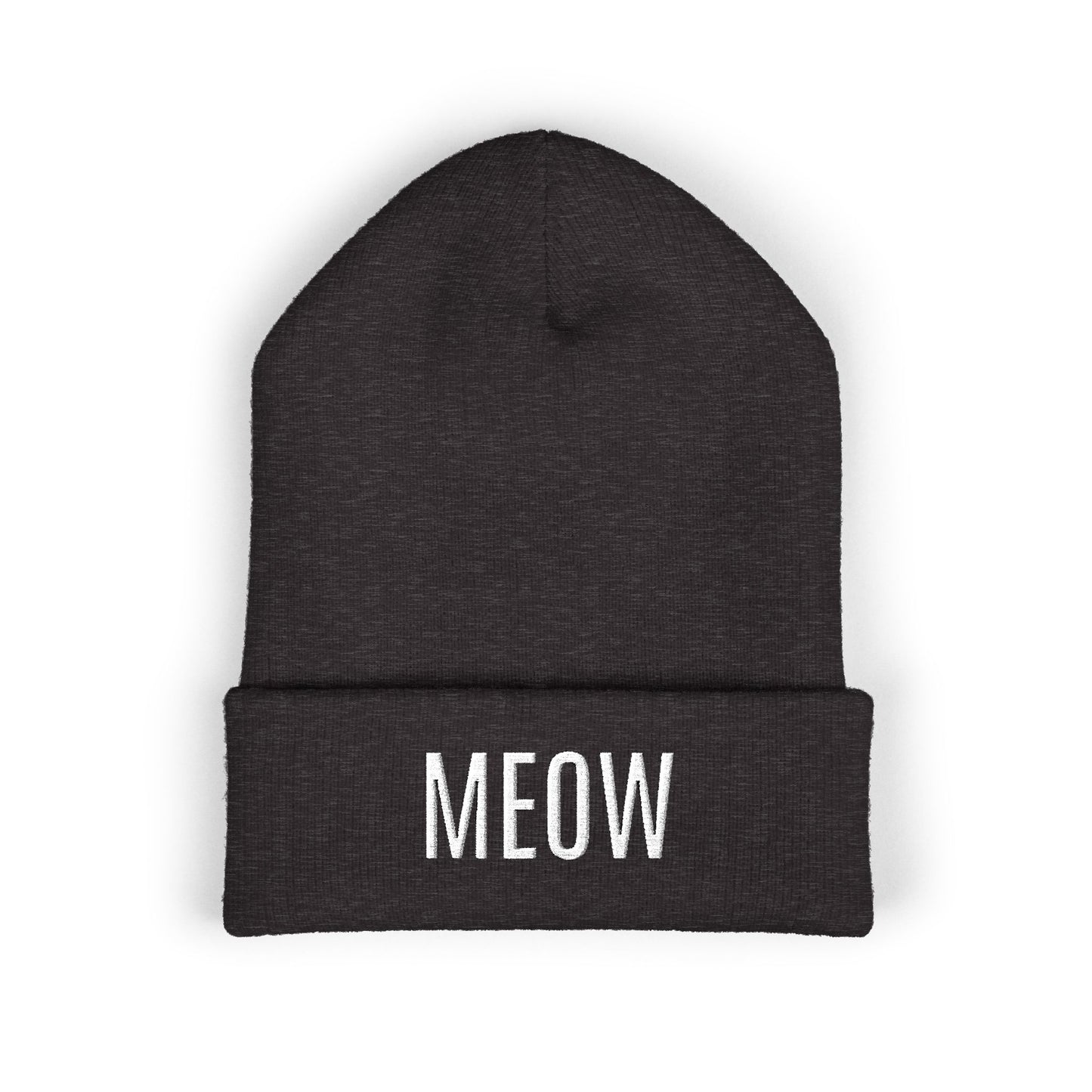 MEOW Embroidered Cuffed Beanie — Cozy Cat Lover Knit Hat