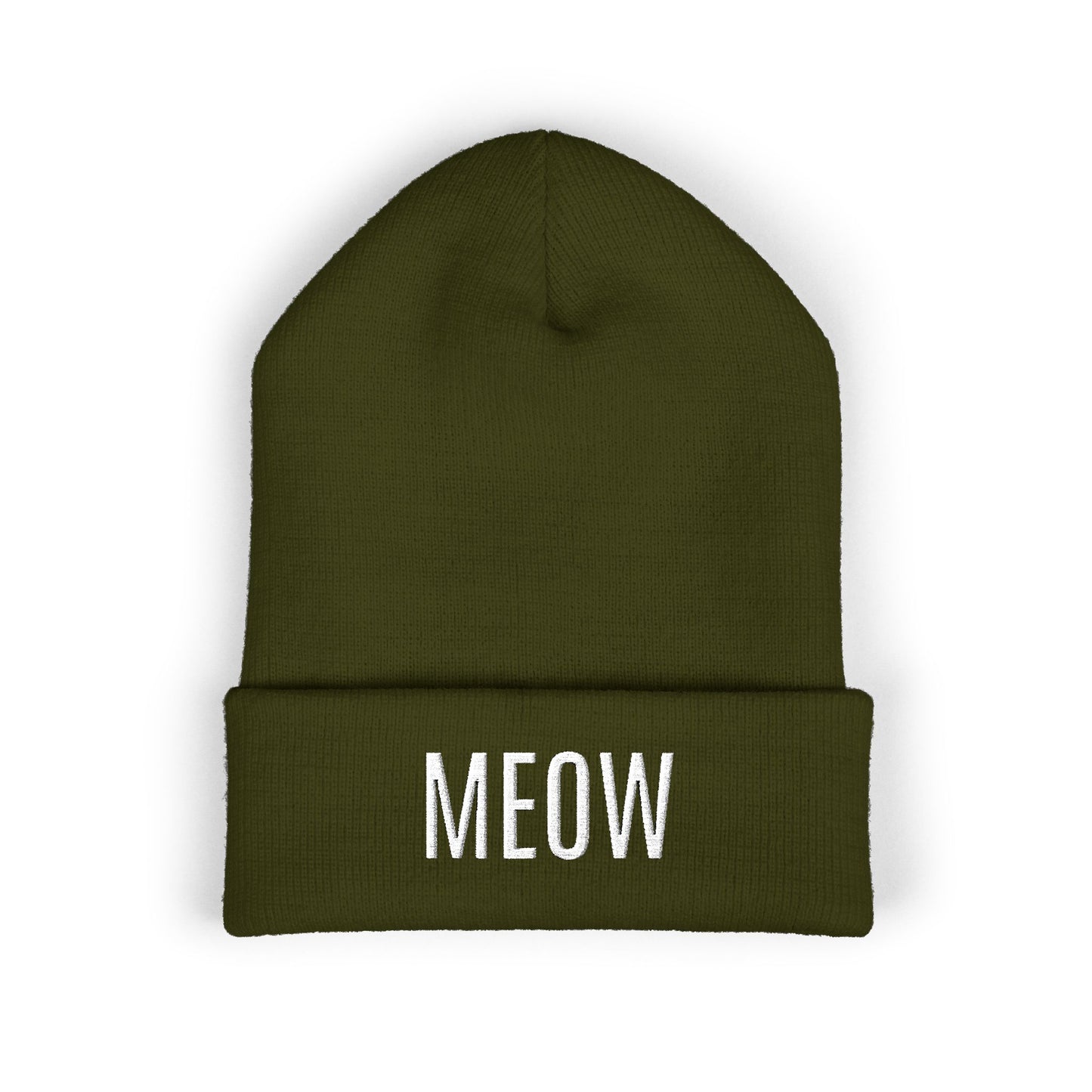 MEOW Embroidered Cuffed Beanie — Cozy Cat Lover Knit Hat