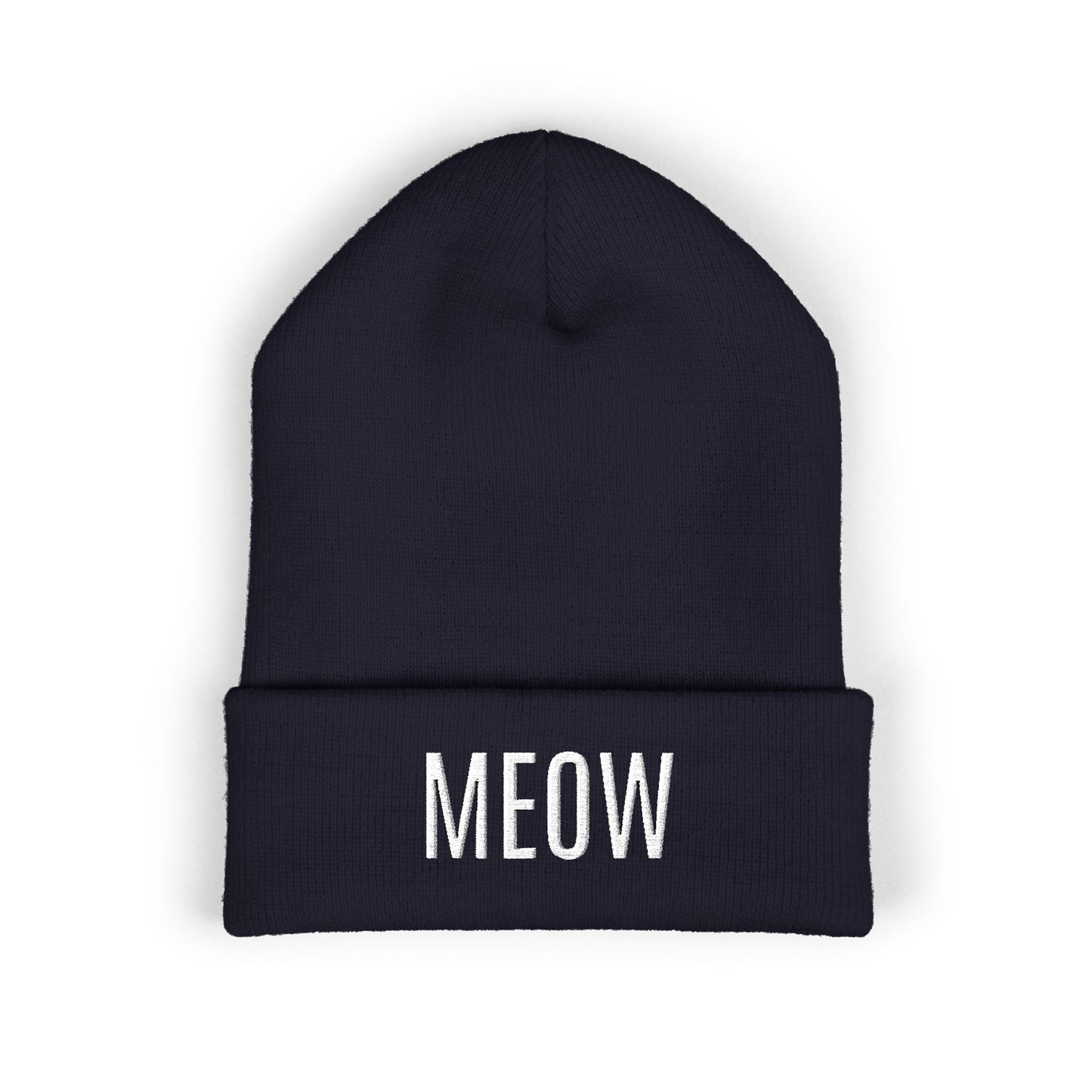 MEOW Embroidered Cuffed Beanie — Cozy Cat Lover Knit Hat