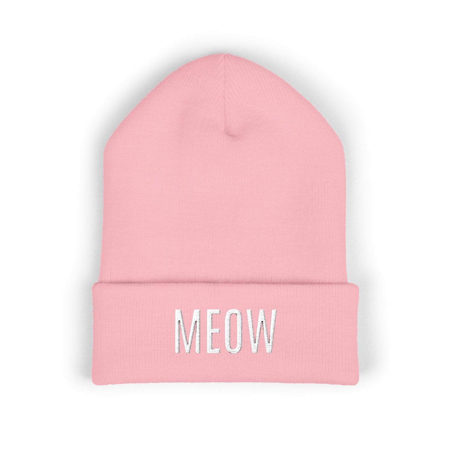 MEOW Embroidered Cuffed Beanie — Cozy Cat Lover Knit Hat