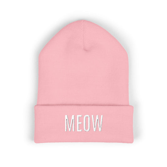 MEOW Embroidered Cuffed Beanie — Cozy Cat Lover Knit Hat