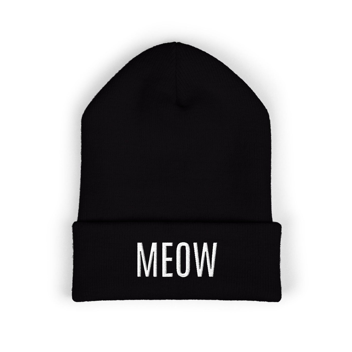 MEOW Embroidered Cuffed Beanie — Cozy Cat Lover Knit Hat