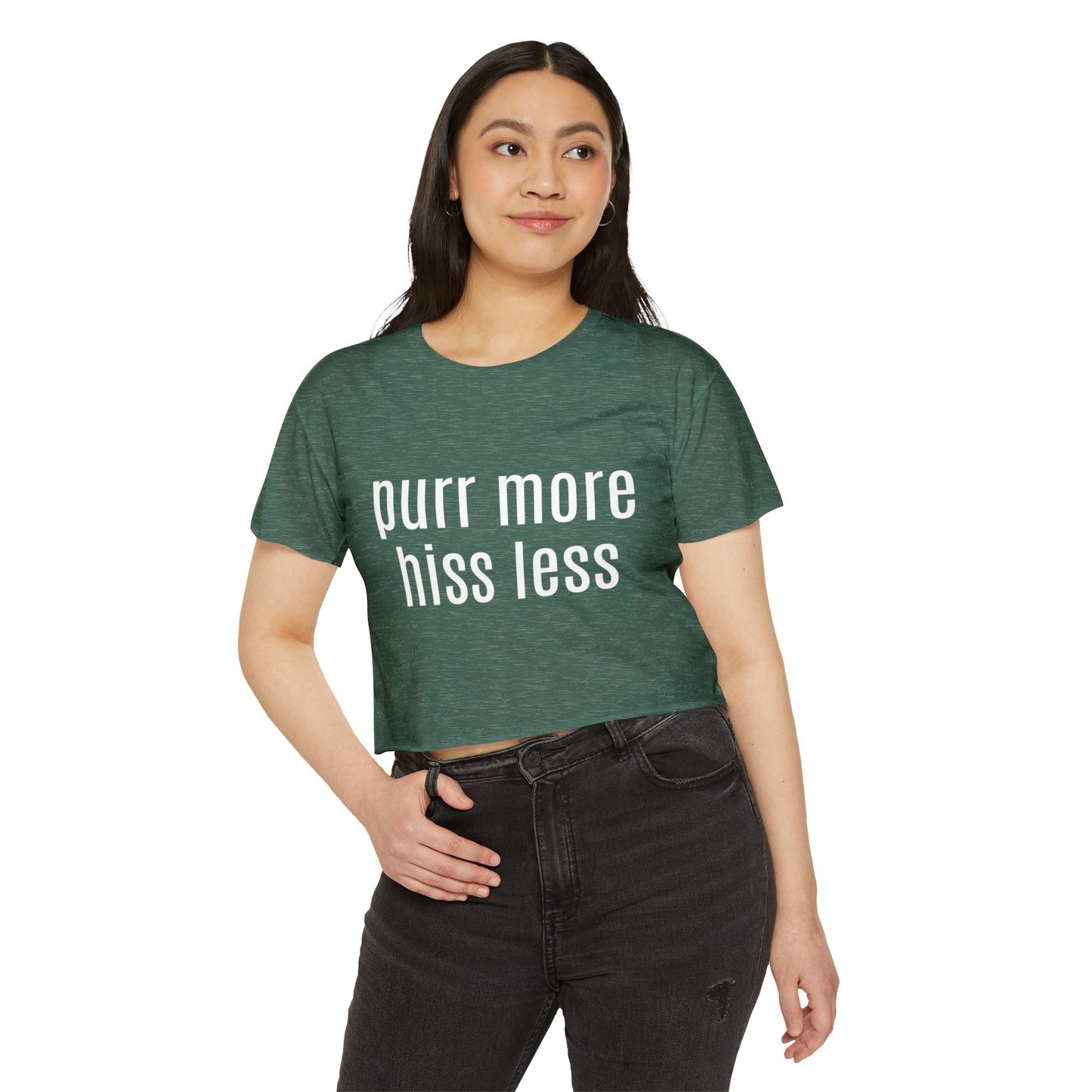 "Purr More Hiss Less" Crop Tee — Women's Cute Cat Festival Tee