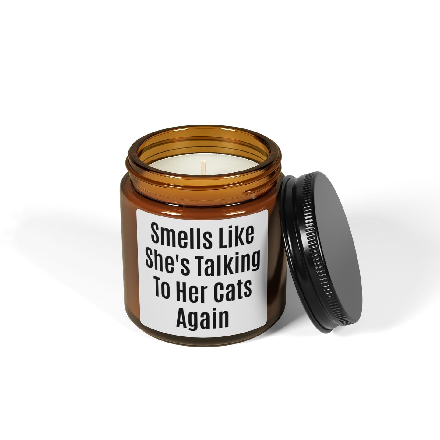 Funny Cat Lover Candle — "Smells Like She’s Talking To Her Cats Again" Amber Soy Jar
