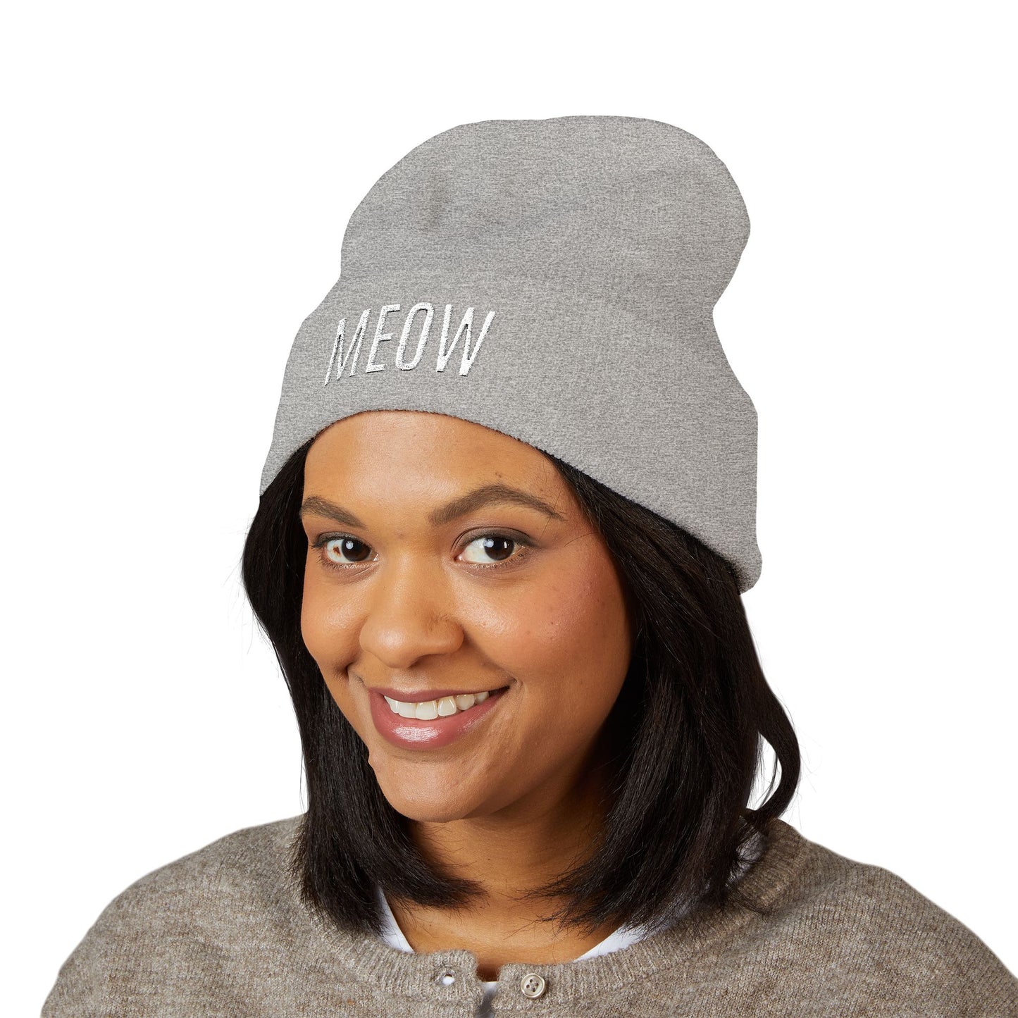 MEOW Embroidered Cuffed Beanie — Cozy Cat Lover Knit Hat