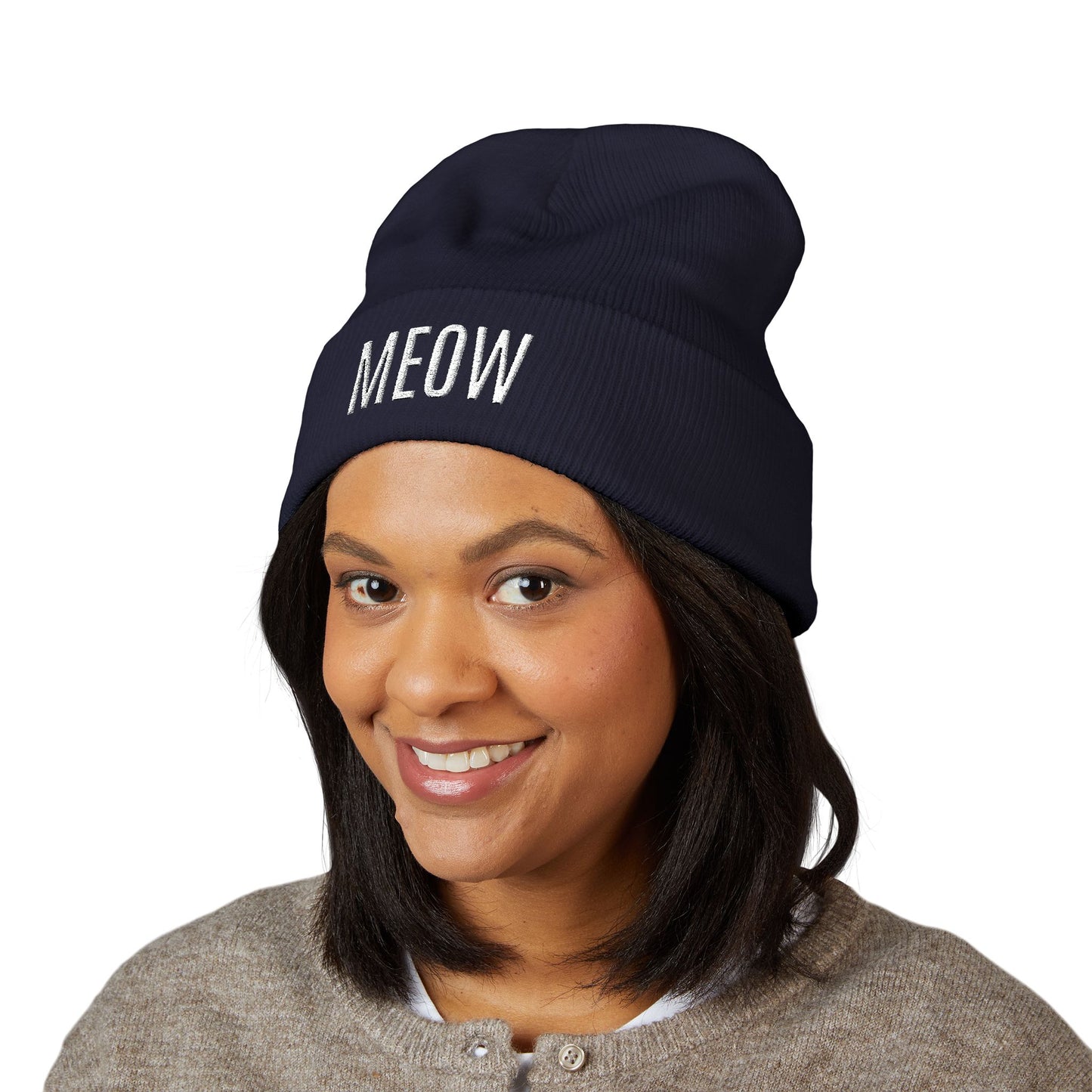 MEOW Embroidered Cuffed Beanie — Cozy Cat Lover Knit Hat