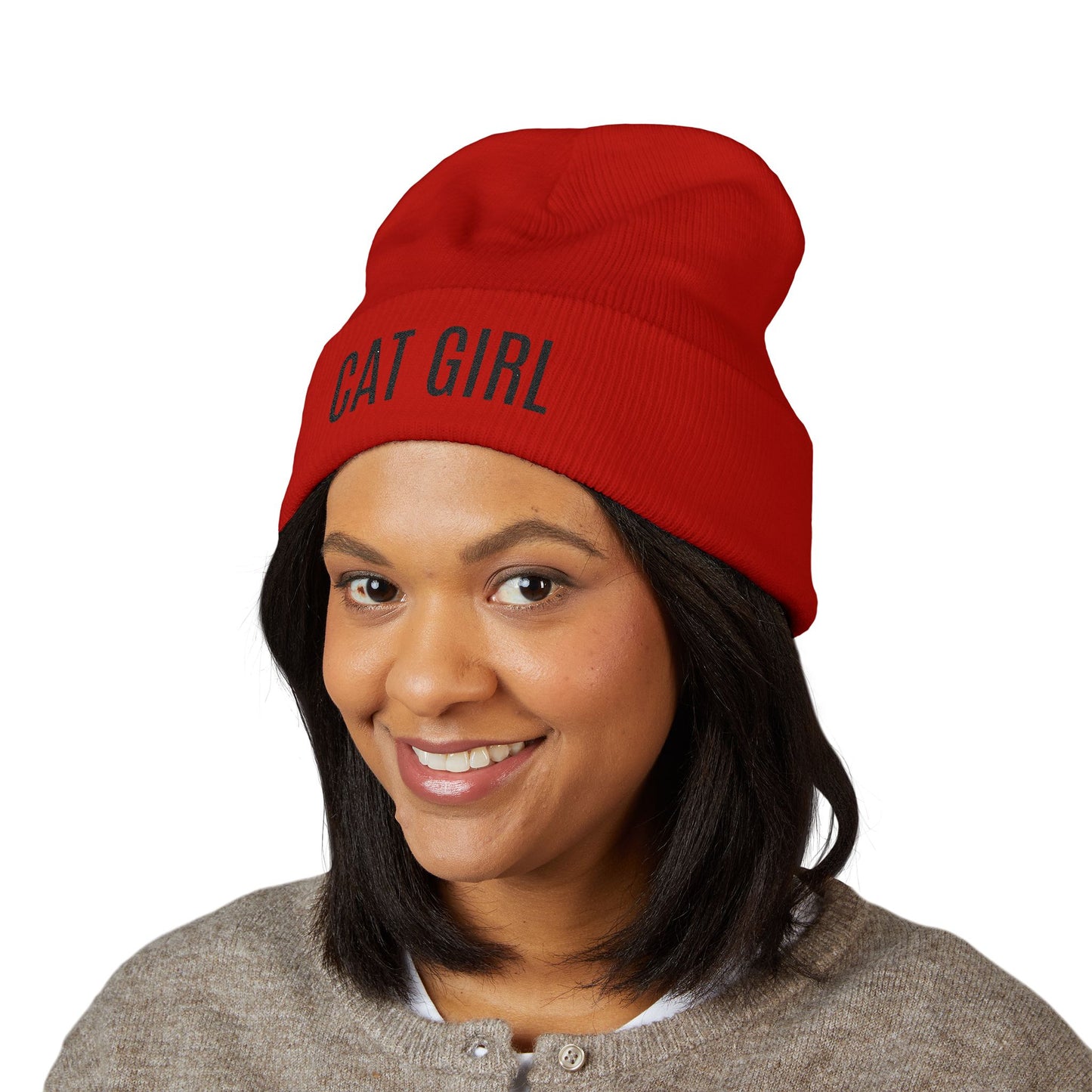 "Cat Girl" Embroidered Cuffed Beanie