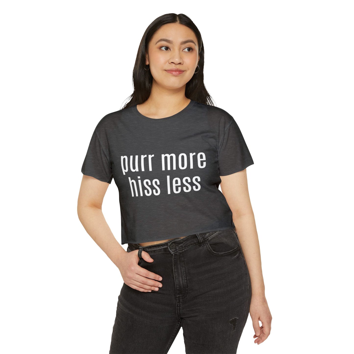 "Purr More Hiss Less" Crop Tee — Women's Cute Cat Festival Tee