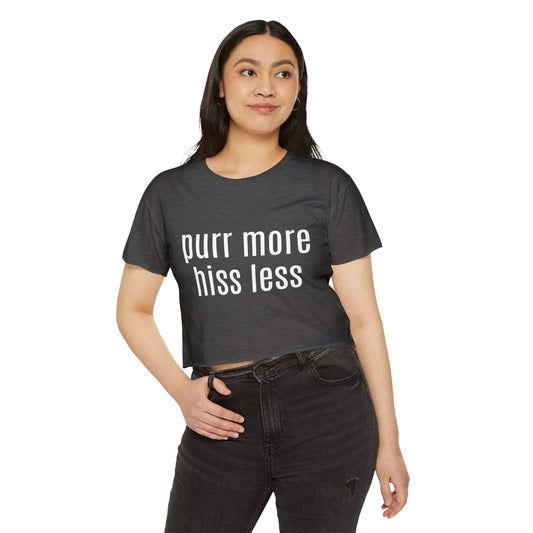 "Purr More Hiss Less" Crop Tee — Women's Cute Cat Festival Tee