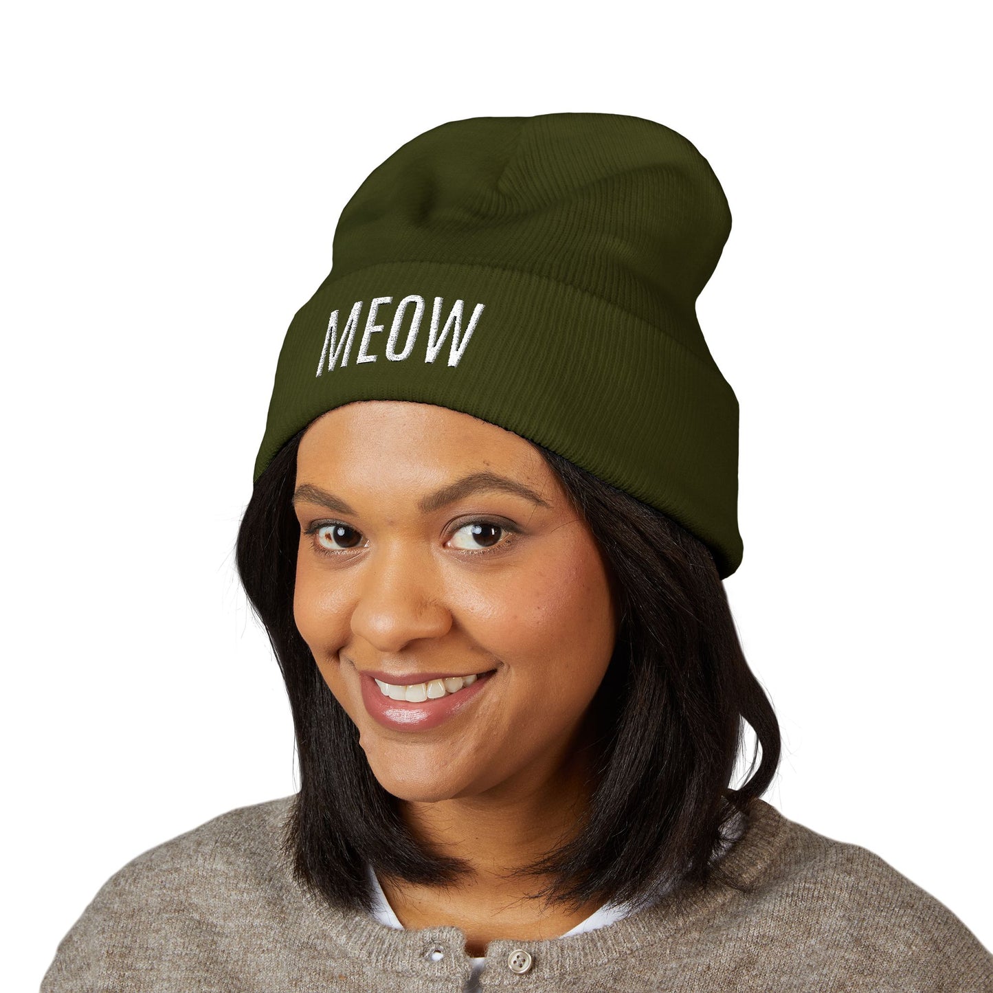 MEOW Embroidered Cuffed Beanie — Cozy Cat Lover Knit Hat