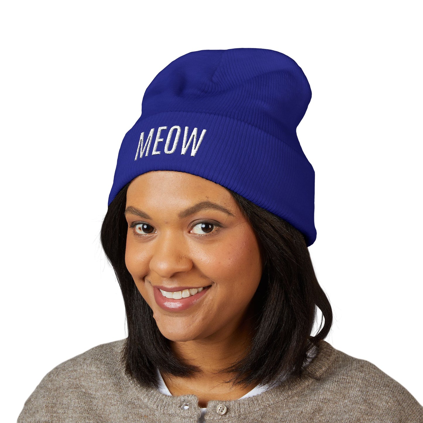 MEOW Embroidered Cuffed Beanie — Cozy Cat Lover Knit Hat