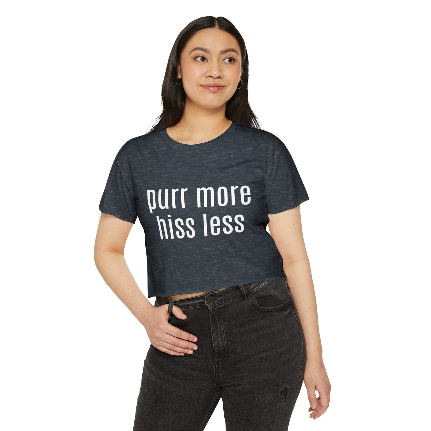 "Purr More Hiss Less" Crop Tee — Women's Cute Cat Festival Tee