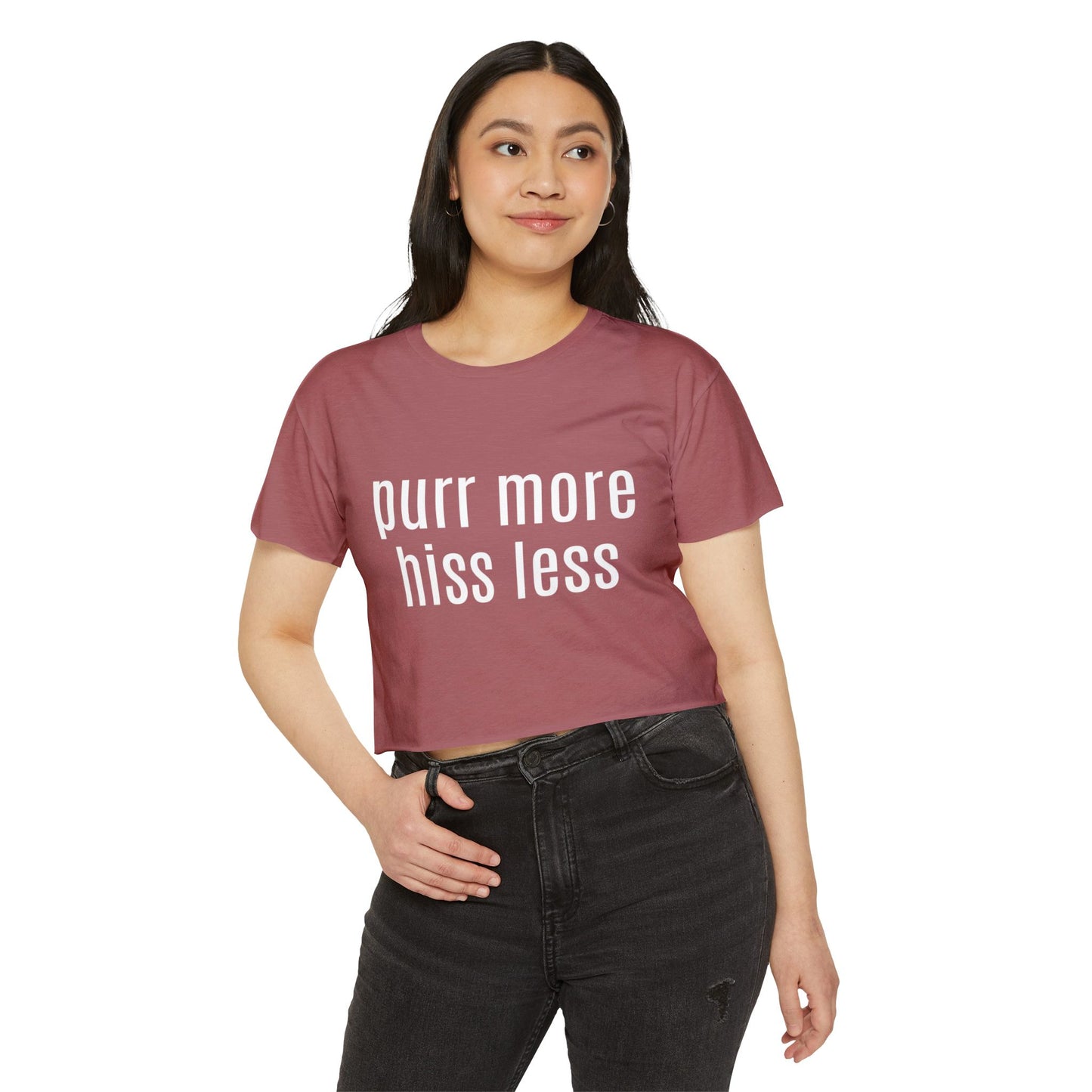 "Purr More Hiss Less" Crop Tee — Women's Cute Cat Festival Tee