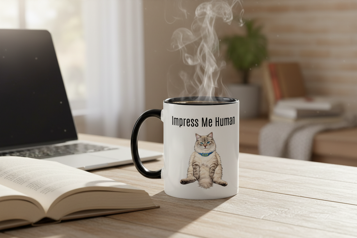 Cat lover mug with steam on table