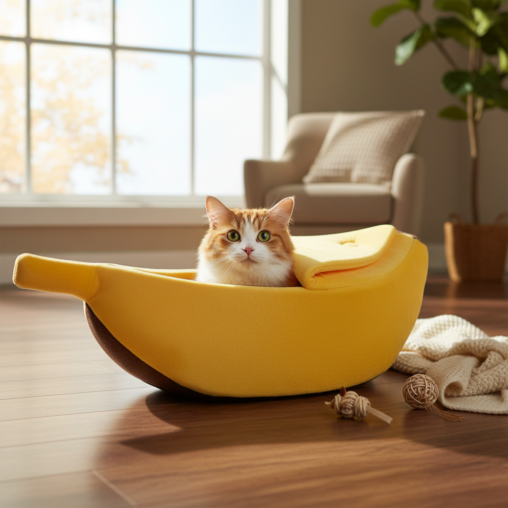 Cat peeking from banana bed