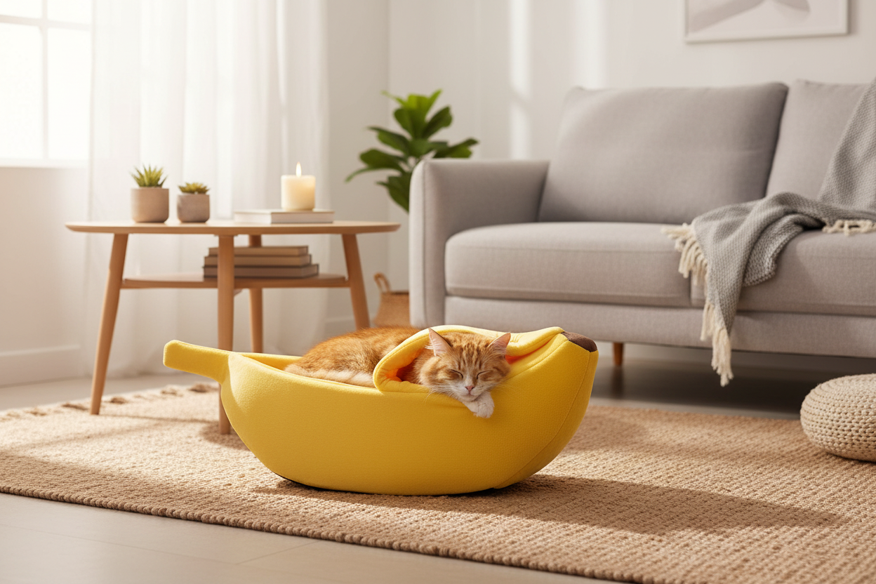 Cat sleeping in banana bed