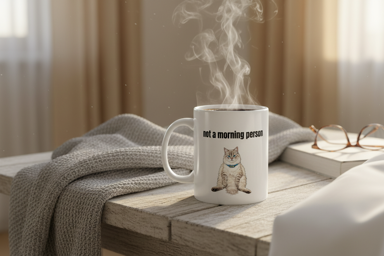Chubby Chad mug with steam in morning