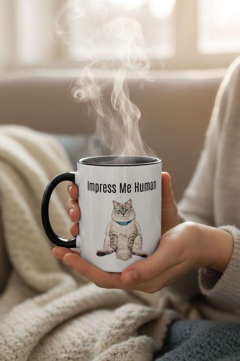 Hands holding cat lover mug with steam